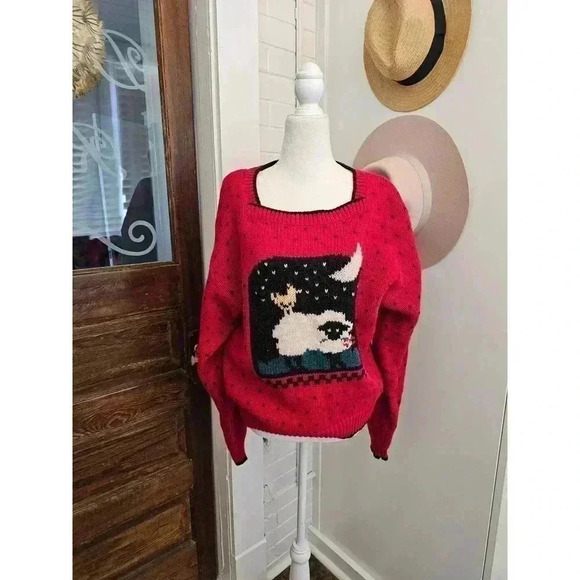 Vtg Woolrich Women's Size L Red Knitted Wool Sweater with Sheep, Bird, and Moon - Picture 1 of 8